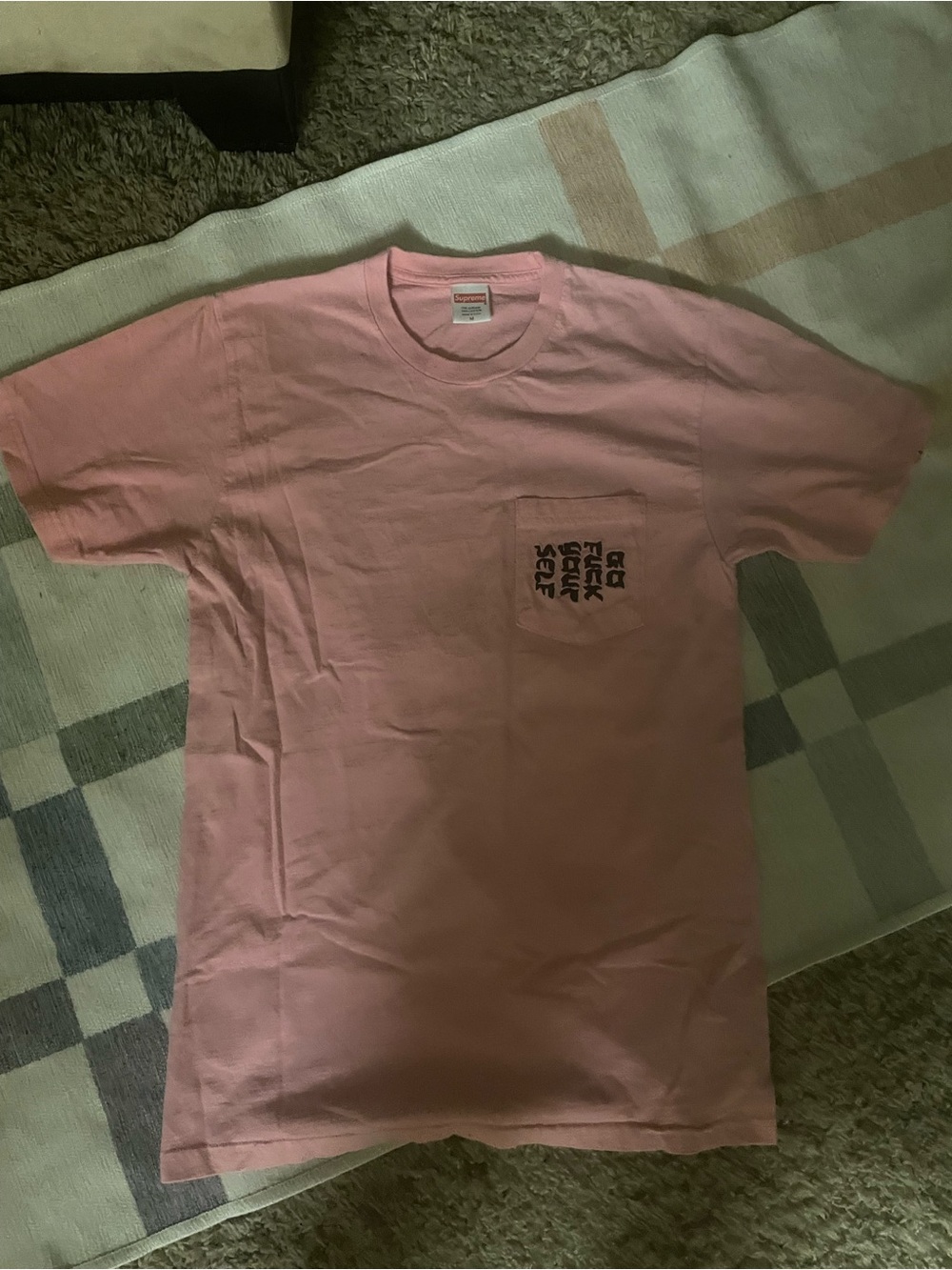 Supreme Pink Pocket Tee go F your self with Vertical Logo